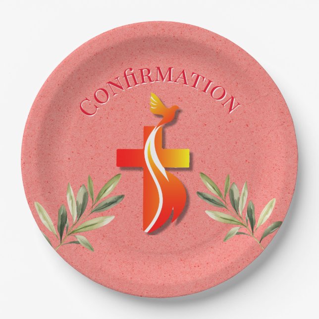 Red and Yellow Cross and a Dove Confirmation  Paper Plates (Front)