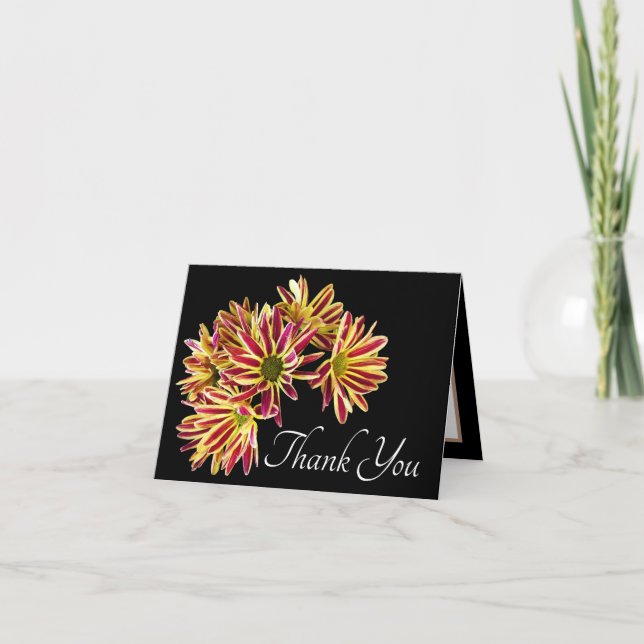 Red and Yellow Daisies Black Background Thank You Card (Front)