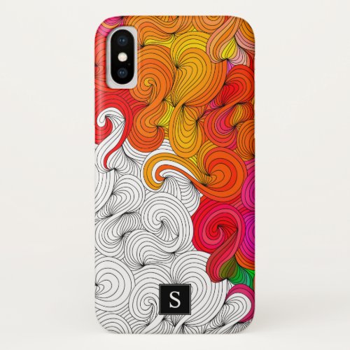 Red and Yellow Doodle Illustration with Monogram iPhone X Case