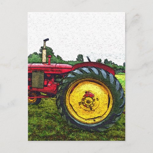 Red and Yellow Farm Tractor Postcard