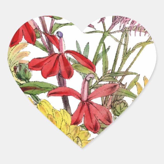 Red and Yellow Festive Spring Floral Party Heart Sticker (Front)
