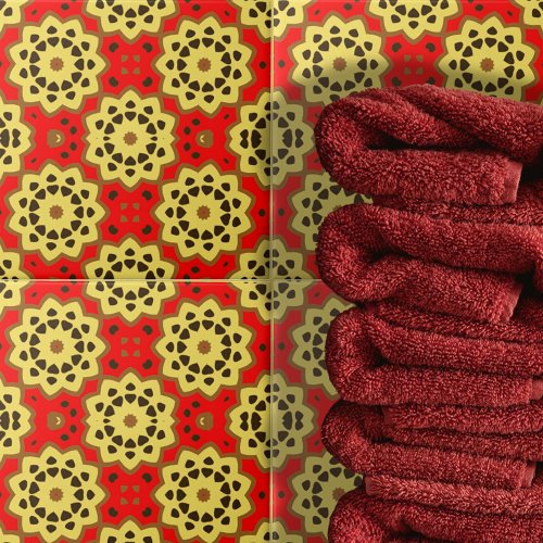 Red and Yellow Floral Geometric Pattern Motifs Ceramic Tile