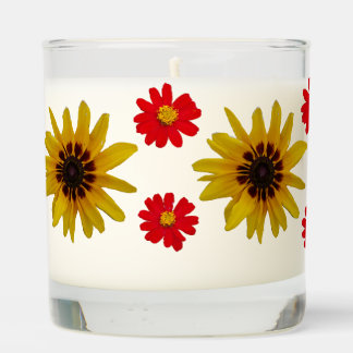 red and yellow flower glass candle