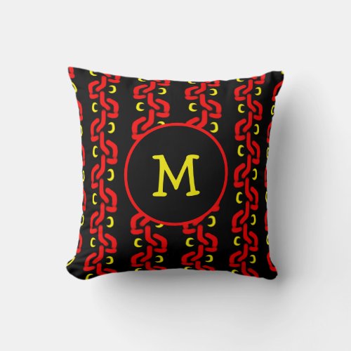 Red and Yellow Flowering Vine Pattern Monogram Throw Pillow