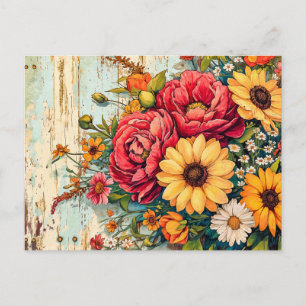 Red and Yellow Garden Flowers on Wood Postcard