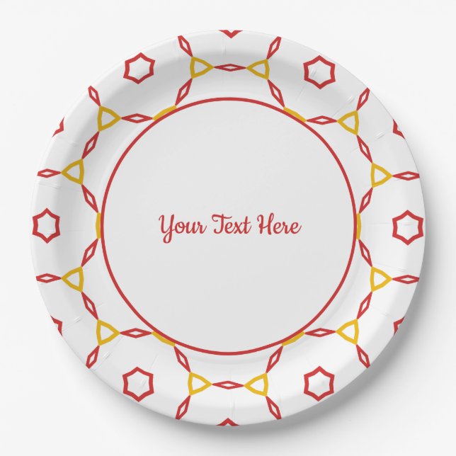 Red and Yellow Geometric Pattern Paper Plates (Front)