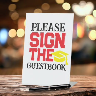 Red and Yellow Guestbook Graduation Table Pedestal Sign