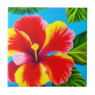Red and yellow Hawaiian hibiscus flower Ceramic Tile