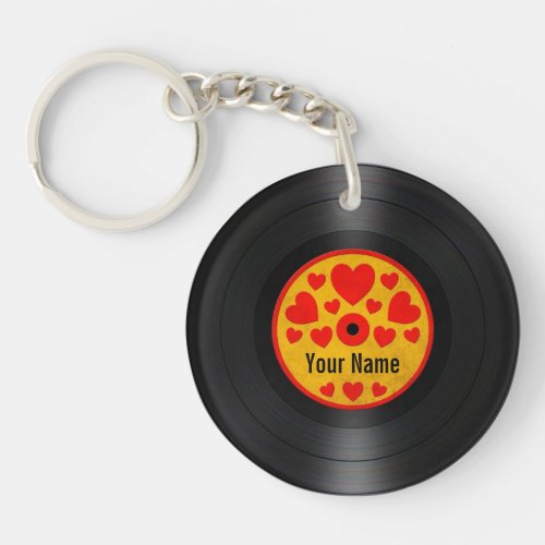 Red and Yellow Hearts Personalized Vinyl Record Keychain