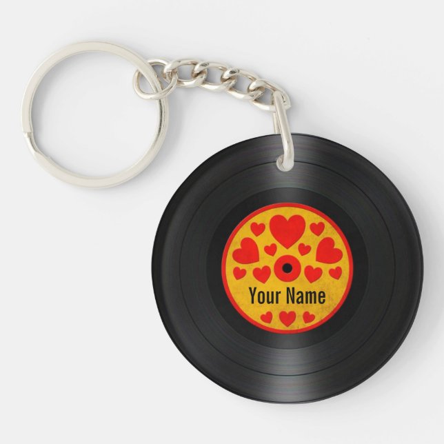Red and Yellow Hearts Personalized Vinyl Record Keychain (Front)