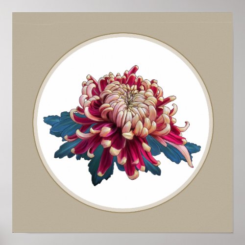 red and yellow Japanese chrysanthemum beige circle Poster