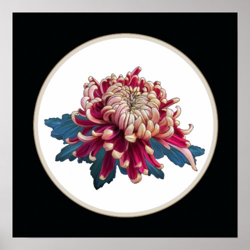 red and yellow Japanese chrysanthemum black circle Poster