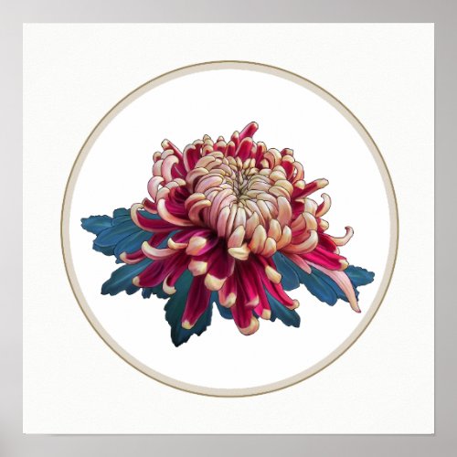 red and yellow Japanese chrysanthemum white circle Poster