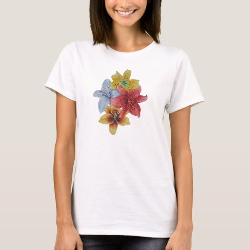 Red and yellow Lily flowers floral art T_Shirt