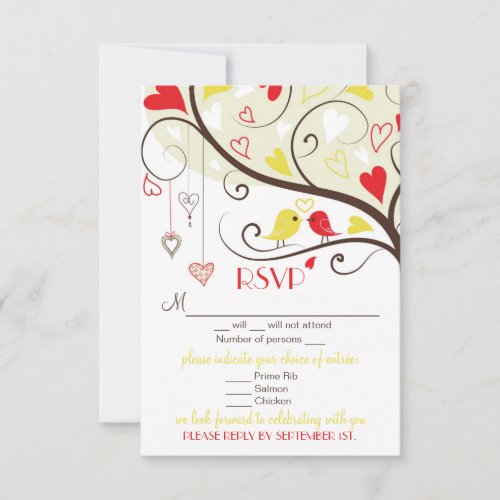 Red and Yellow Lovebirds RSVP Wedding Card