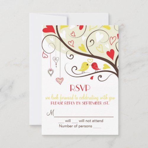 Red and Yellow Lovebirds RSVP Wedding Card Invites