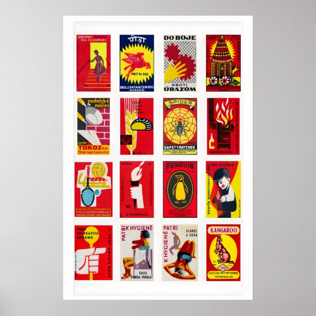 Red and Yellow Matchbox Label Collage, bold color Poster (Front)