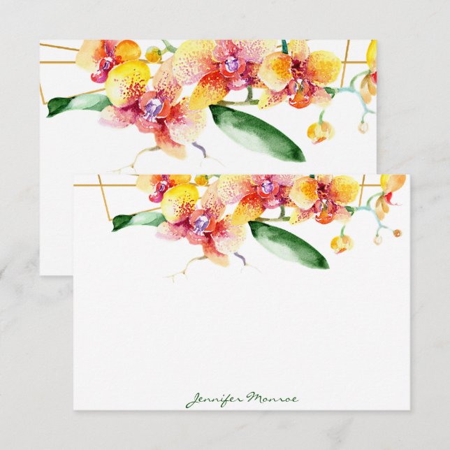 Red and yellow orchids personalized note card (Front/Back)