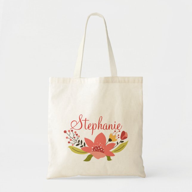 Red and Yellow Personalized Floral Wreath Tote Bag (Front)