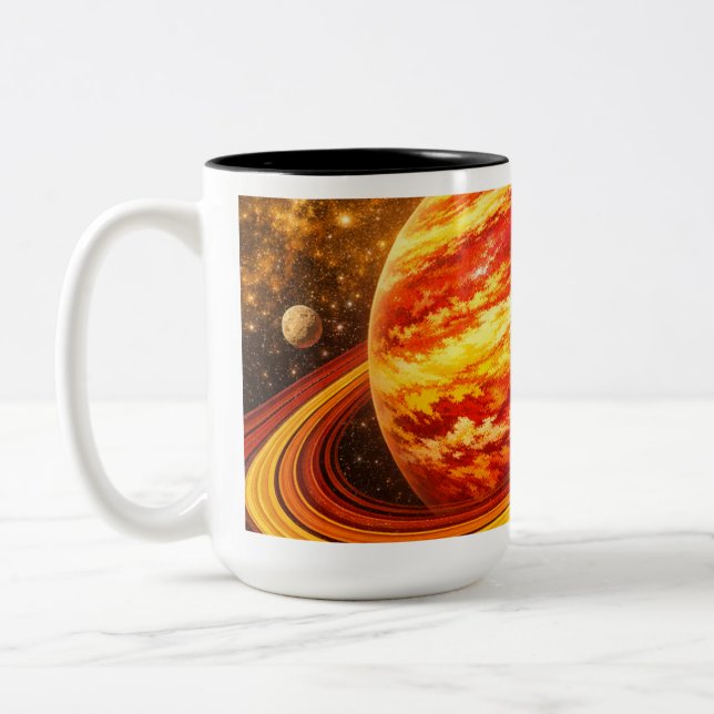 Red and Yellow Planet with Rings Two-Tone Coffee Mug (Left)