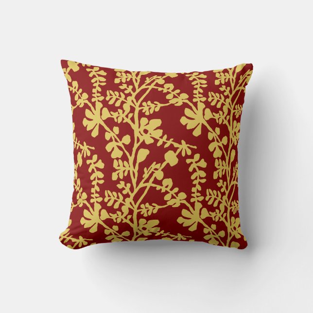 Red And Yellow Repeating Plant Pattern Throw Pillow (Front)