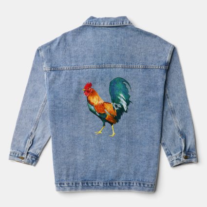 Red and Yellow Rooster  Bird Denim Jacket