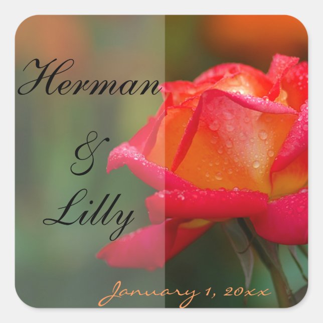 Red and Yellow Rose Personalized Wedding Square Sticker (Front)