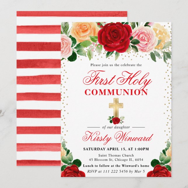 Red and Yellow Roses First Holy Communion Invitation (Front/Back)