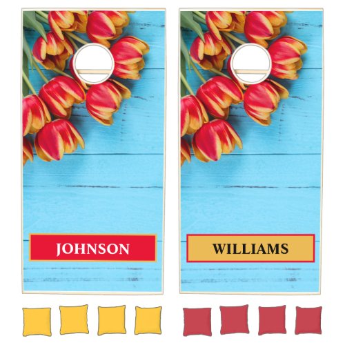 Red and Yellow Roses on Dusty Blue Rustic Wood Cornhole Set