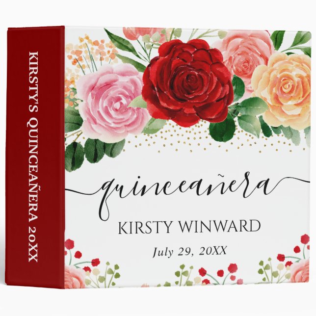 Red and Yellow Roses Quinceanera Photo Album 3 Ring Binder (Front/Spine)