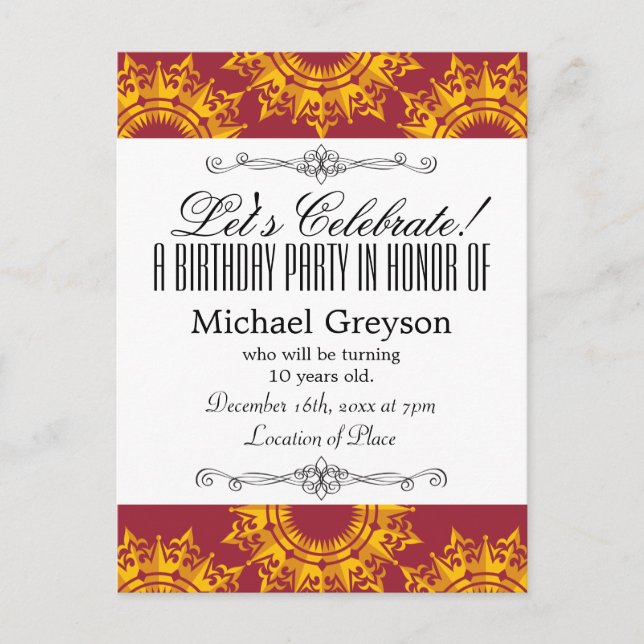 Red and Yellow Royalty Print Invitation Postcard (Front)