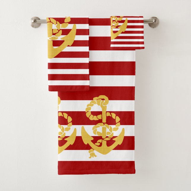 Red And Yellow Sailing Anchor Beach Themed Bath Towel Set (Insitu)