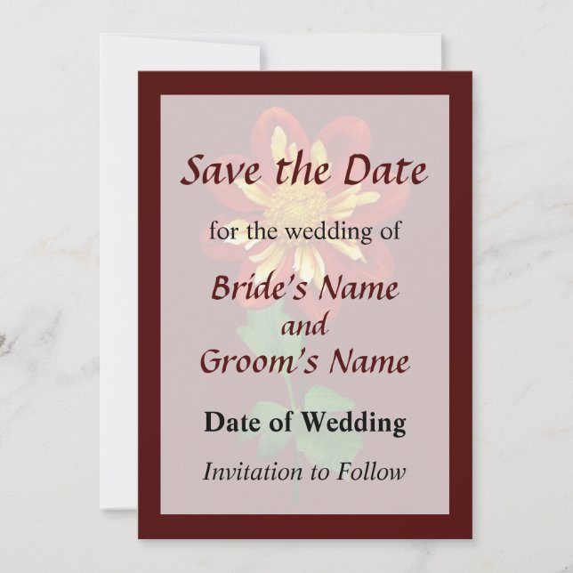 Red and Yellow Single Dahlia Save the Date (Front)