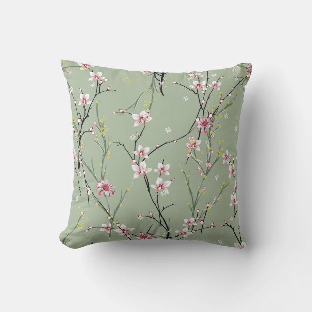 red and yellow small flower pattern on green backg throw pillow (Front)