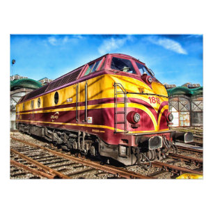 Red and Yellow Steam engine Locomotive Train Art Photo Print
