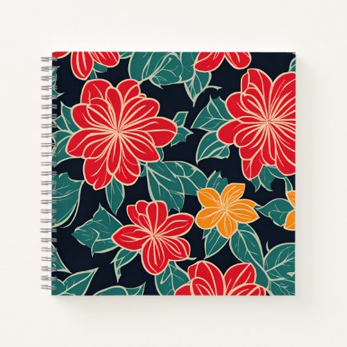 Red and Yellow Stylized Flowers Black Background Notebook