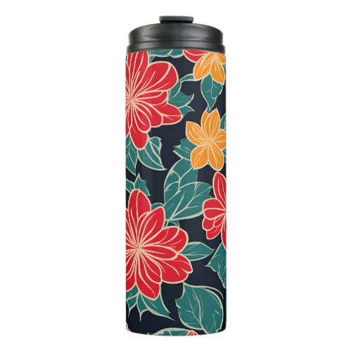 Red and Yellow Stylized Flowers Black Background Thermal Tumbler