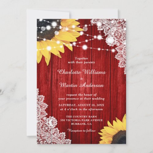 Red and Yellow Sunflower Rustic Wood Lace Wedding Invitation