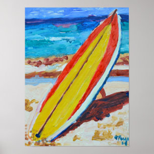 Red and Yellow Surfboard on Sandy Beach Poster