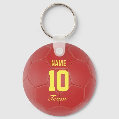 Red and Yellow Team Soccer Ball Personalized Name Keychain