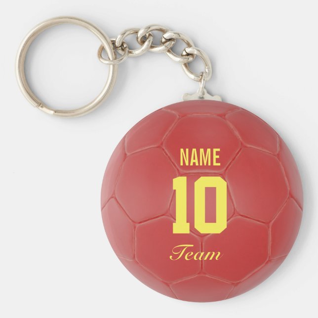 Red and Yellow Team Soccer Ball Personalized Name Keychain (Front)