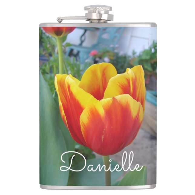 Red and Yellow Tulip floral Garden Photo Flask (Front)
