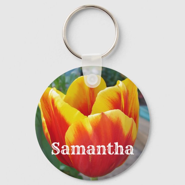 Red and Yellow Tulip floral Garden Photo Keychain (Front)