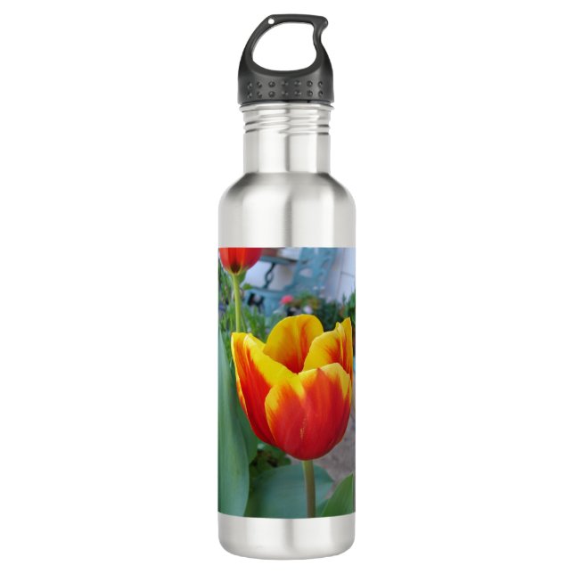Red and Yellow Tulip floral Garden Photo Stainless Steel Water Bottle (Front)