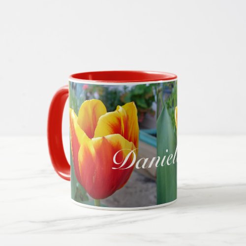 Red and Yellow Tulip floral Garden Womans Name Mug