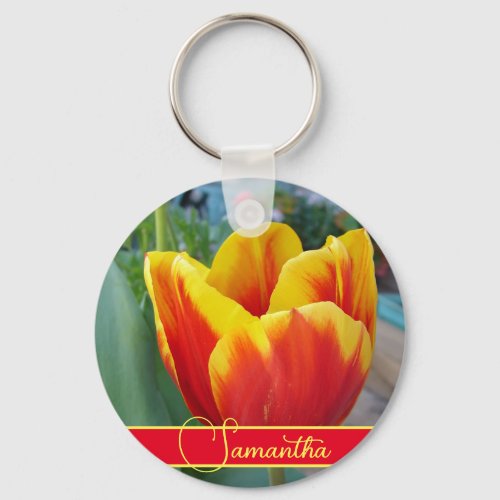 Red and Yellow Tulip Floral Womans Name  Keychain