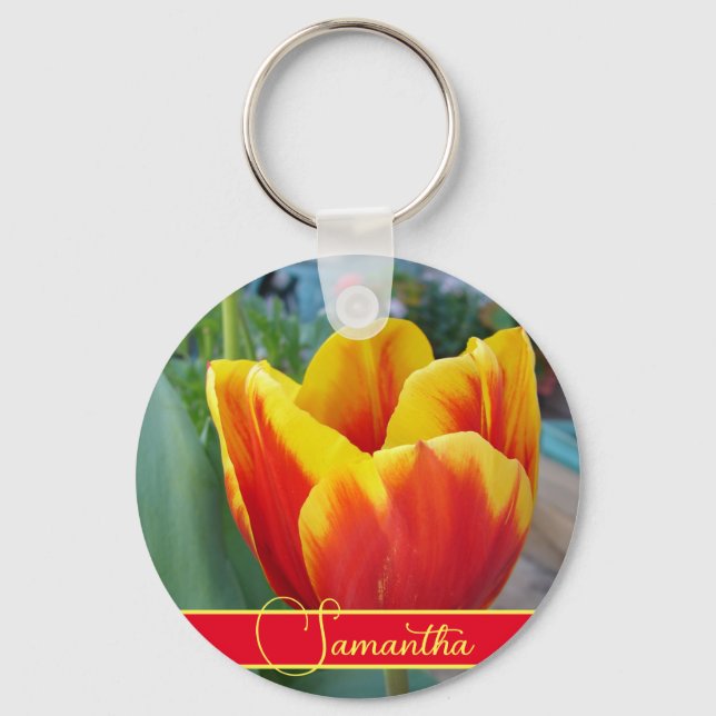 Red and Yellow Tulip Floral Womans Name  Keychain (Front)