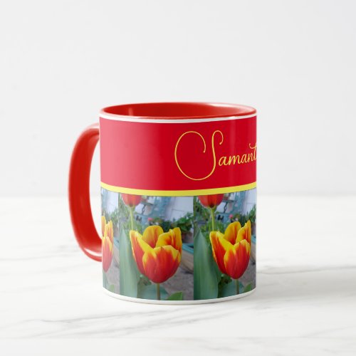 Red and Yellow Tulip Floral Womans Name Mug