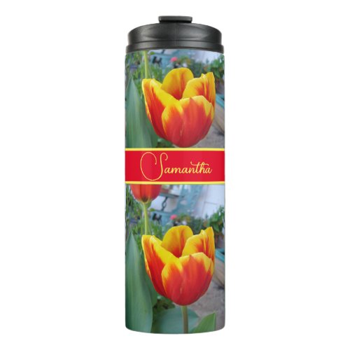 Red and Yellow Tulip Floral Womans Name Thermal Tumbler