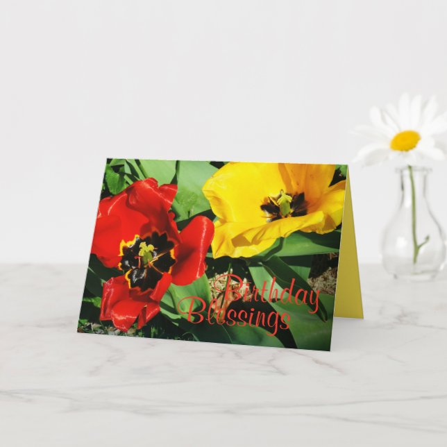 Red And Yellow Tulips Birthday Blessings Card (Small Plant)